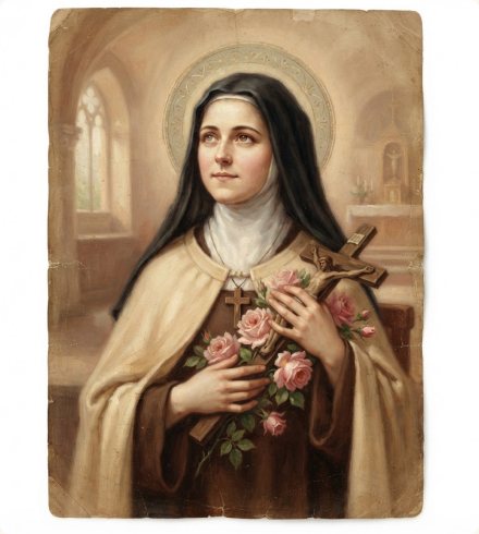 Pintura de Santa Teresinha do Menino Jesus segurando rosas e um crucifixo
